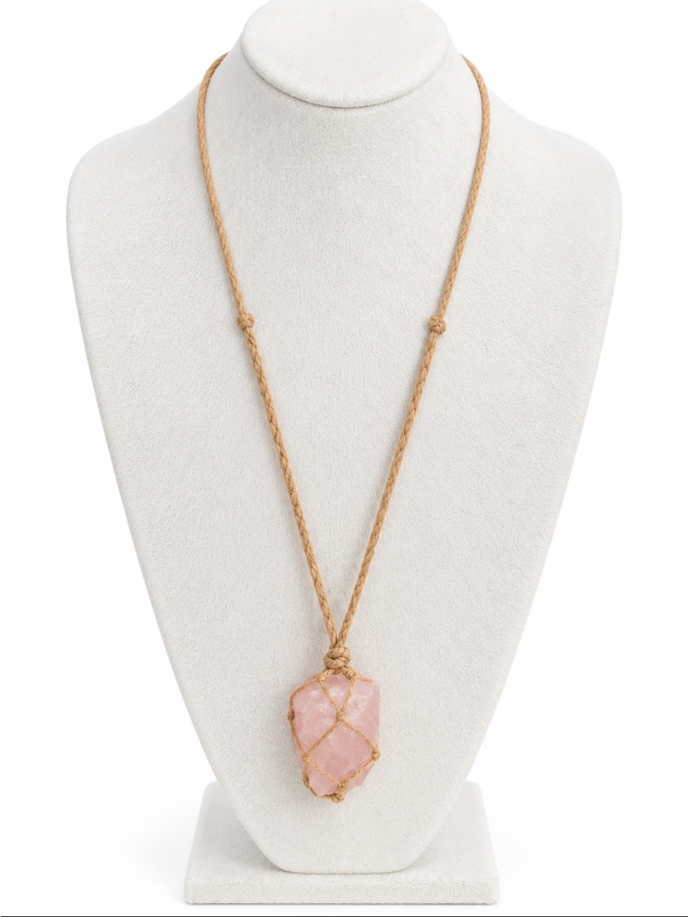 Rose Quartz Raw Crystal Pendant Necklace Macramé Cord Boho Long Necklace